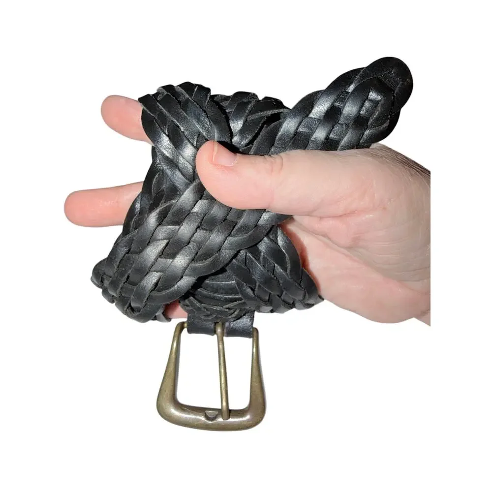 Women’s black leather braided belt brass buckle classic large 32